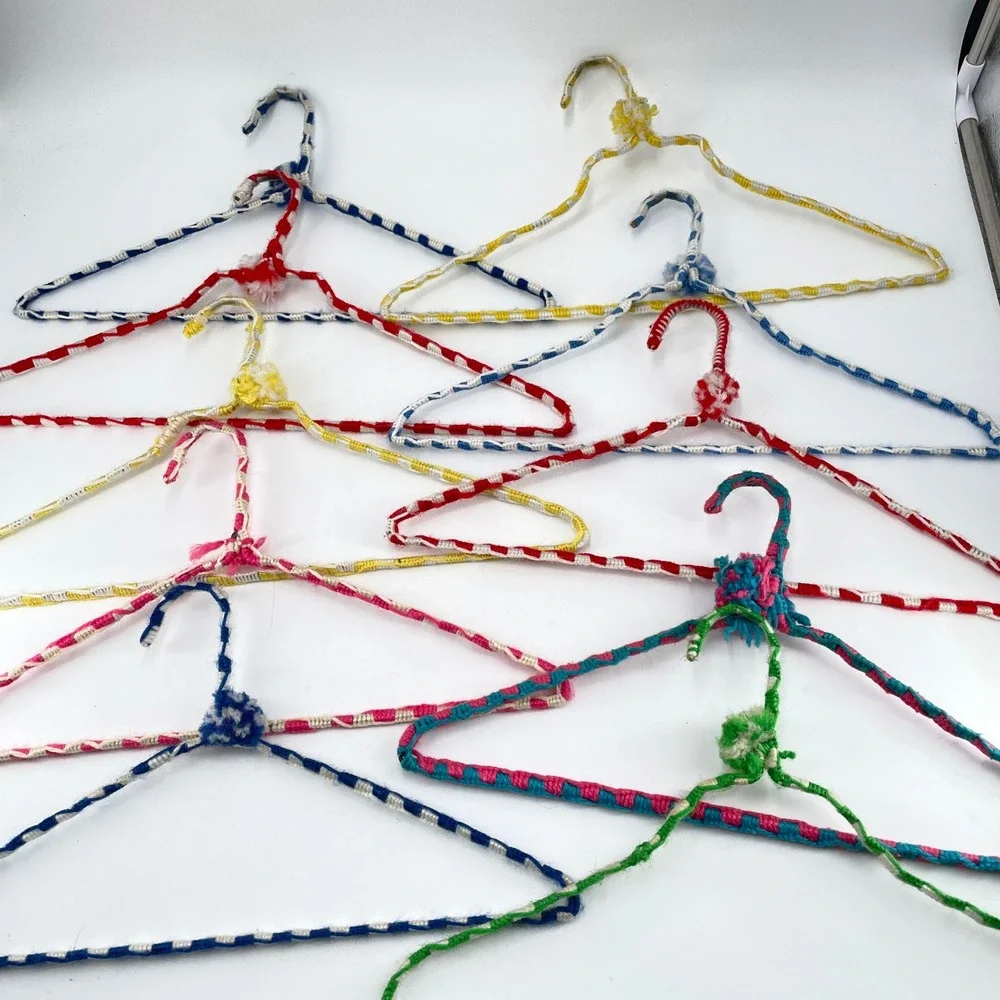 Vtg Crochet Yarn Covered Hangers Pom PomsSturdy Double Wire Anti Slip Boho (a)